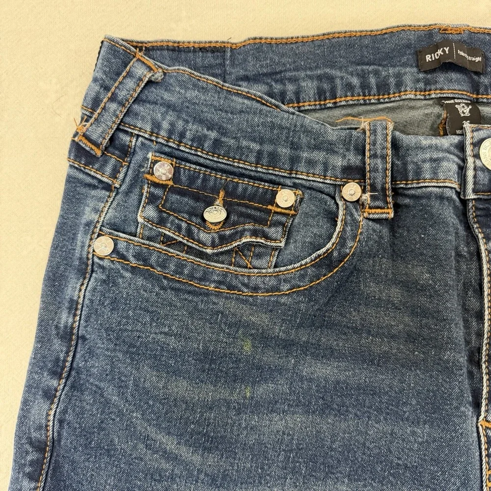 True Religion Ricky Relaxed Straight Jeans Mens 36x32 Blue Flap Stretch Denim